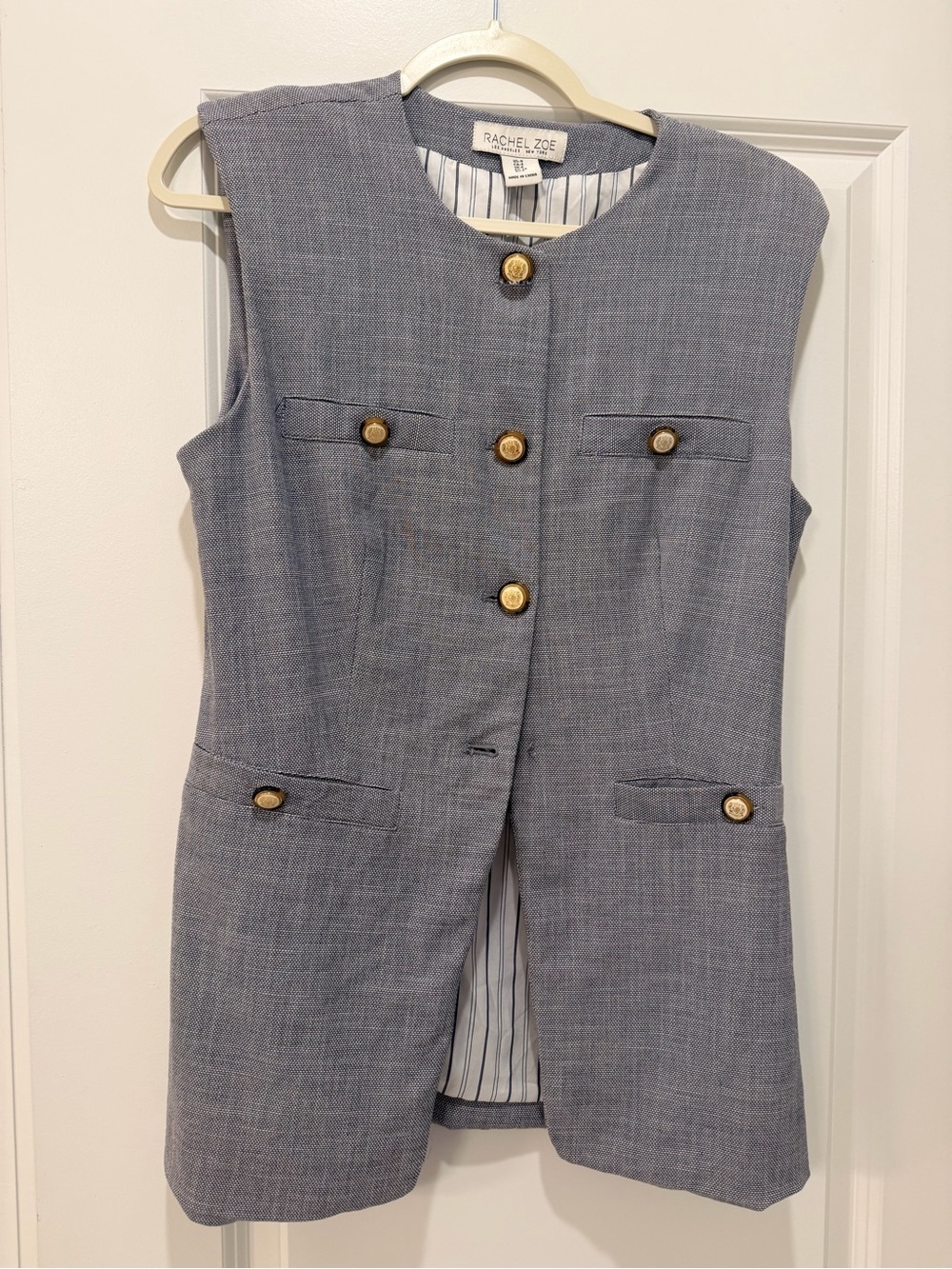 Rachel Zoe Sleeveless Blue Tweed Vest with Gold Buttons